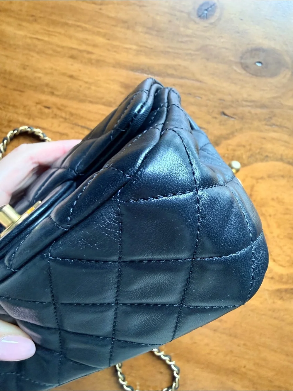 Chanel Black Quilted Lamb Ski  Mini Pearl Crush Flap Bag with Gold Chain